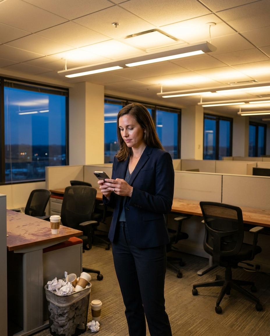 An office manager in an empty office at dusk scrolling her phone, beside an overflowing wastebasket