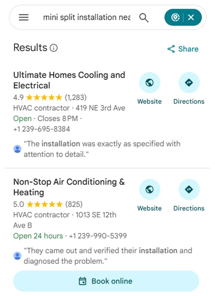 Google Maps results for mini split installation near me with Non-Stop Air Conditioning & Heating at position 2