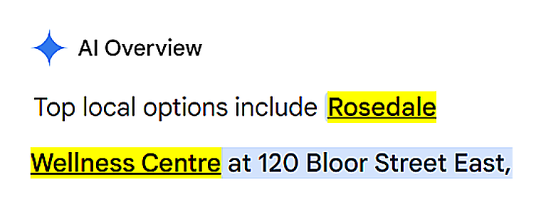 Google AI Overview listing Rosedale Wellness Centre at 120 Bloor Street East as a top local option for prenatal chiropractic care