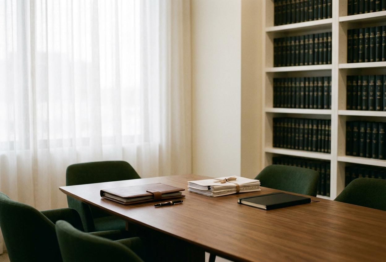 A law firm meeting room with a walnut table, a leather folio, case files and shelves of law reports