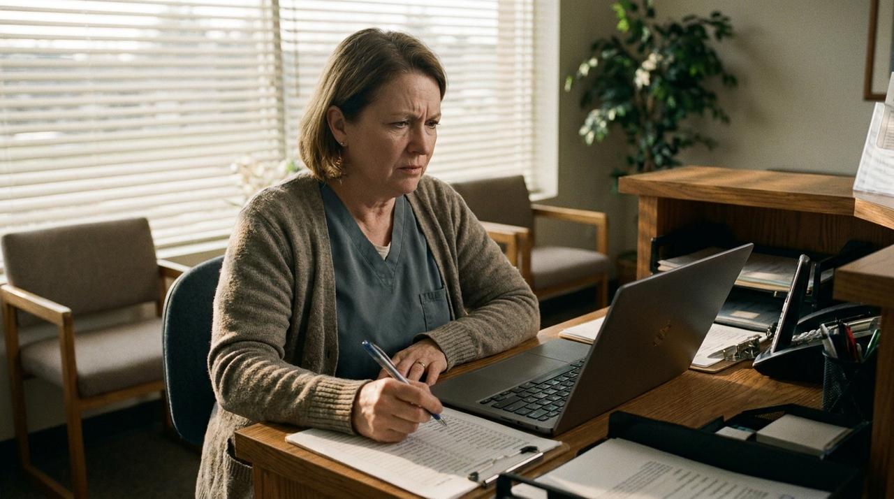 The owner of a dental clinic at the empty reception desk after hours, looking at a laptop with a pen and a printed list