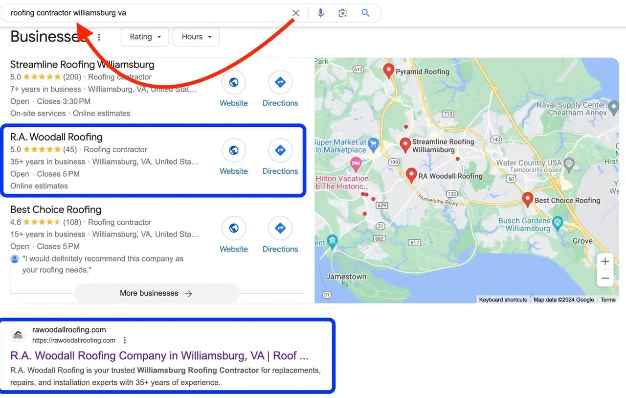 Google results for roofing contractor williamsburg va showing R.A. Woodall Roofing rated 5.0 from 45 reviews on the map, above a competitor rated 4.6 from 108 reviews, and the Woodall website as the first regular result