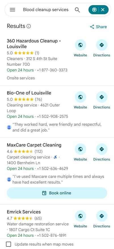 Google Maps results panel showing 360 Hazardous Cleanup ranked first for blood cleanup services