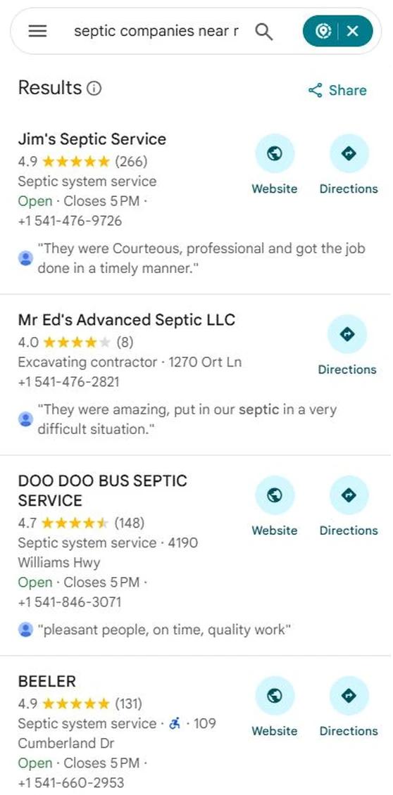 Google Maps results for septic companies near me with BEELER at position 4