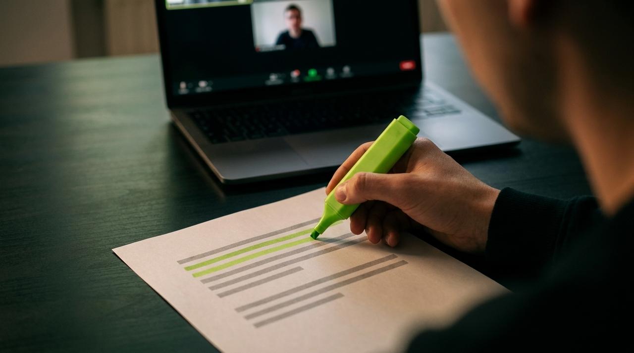A hand highlighting rows of a printed list in green during a video call on a laptop