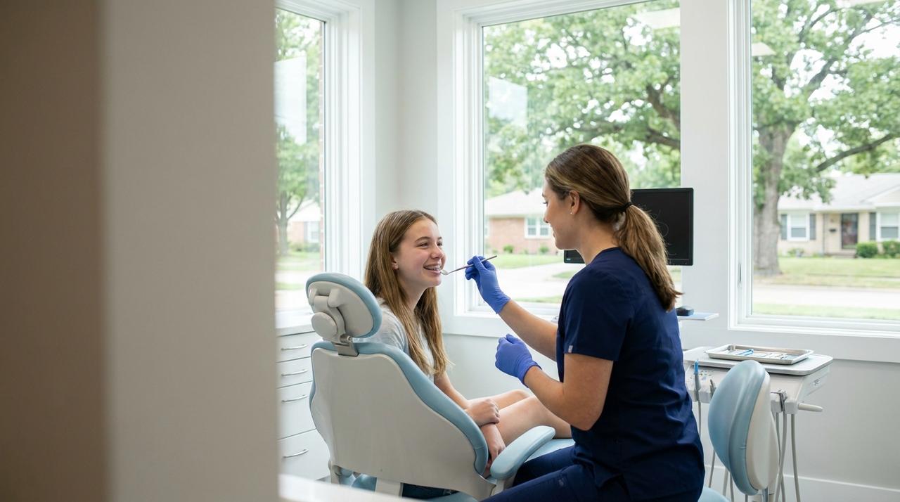 An orthodontist in navy scrubs checking a smiling teenage patient with clear braces in a bright treatment room, oak trees outside the window