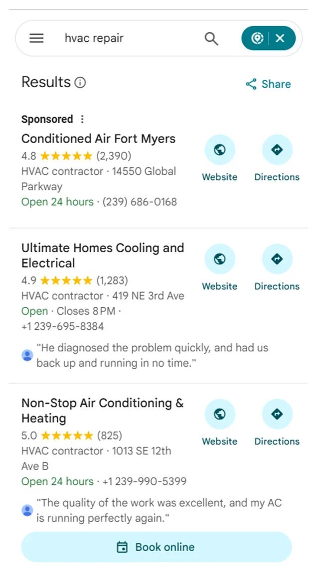 Google Maps results for HVAC repair with Non-Stop Air Conditioning & Heating at position 2