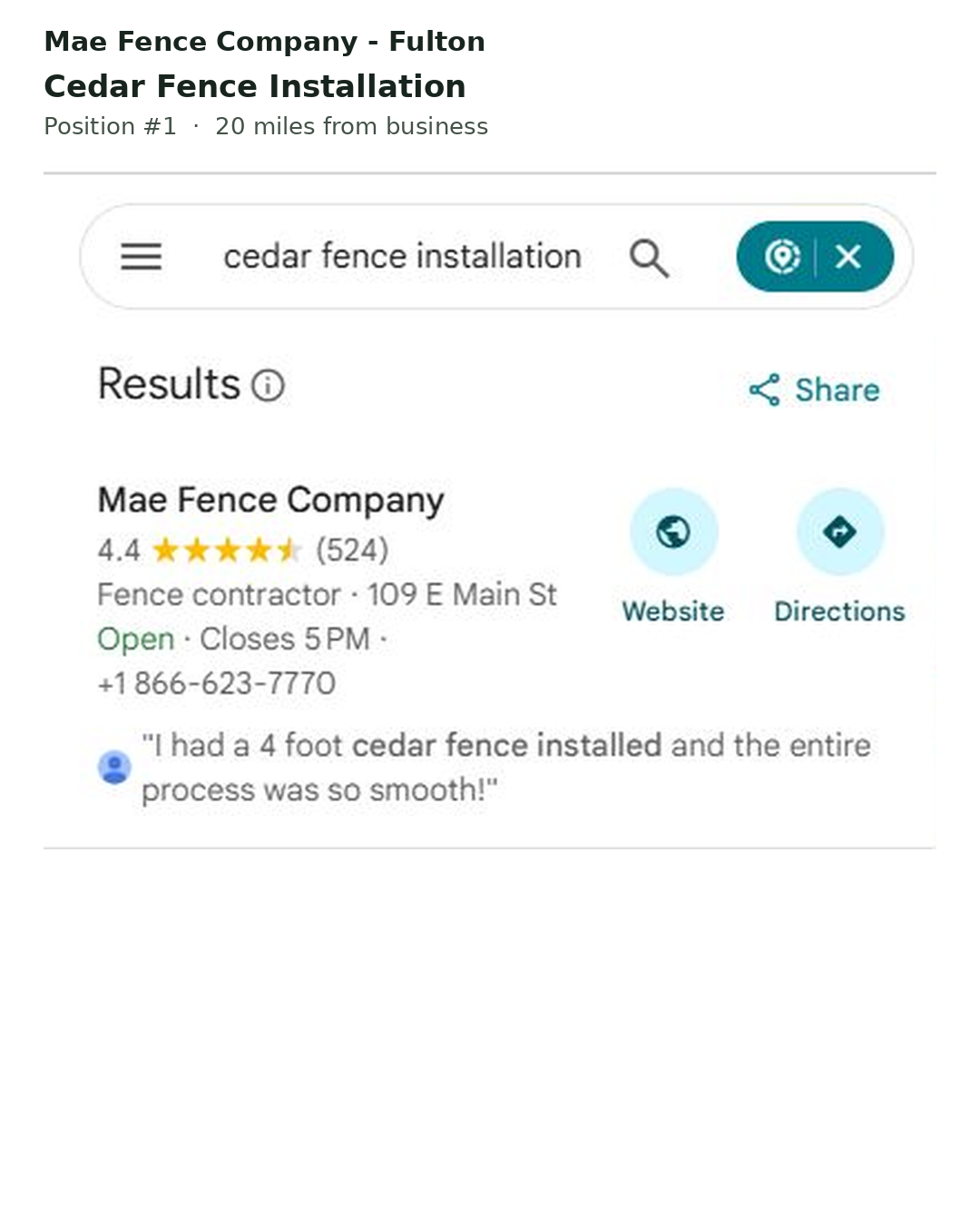 Google Maps results for cedar fence installation: Mae Fence Company first, fence contractor, 4.4 stars from 524 reviews