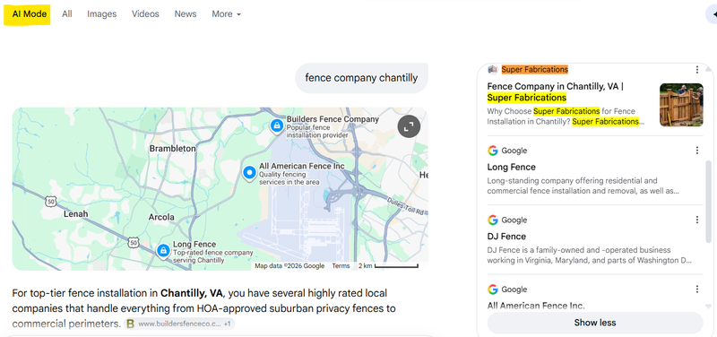 Google AI Mode answer for fence company chantilly with Super Fabrications as the first source