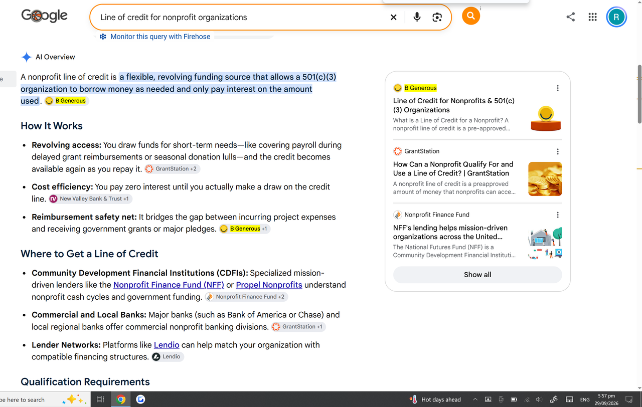 The first source card in Google&rsquo;s AI Overview for line of credit for nonprofit organizations: B Generous, Line of Credit for Nonprofits and 501(c)(3) Organizations