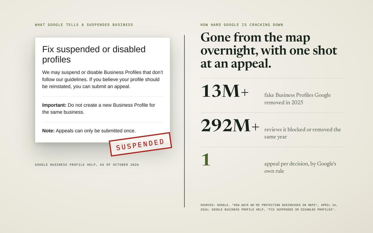 Google's help text on fixing suspended or disabled profiles, stamped SUSPENDED, beside Google's 2025 figures: more than 13 million fake profiles removed, more than 292 million reviews blocked or removed, and one appeal per decision