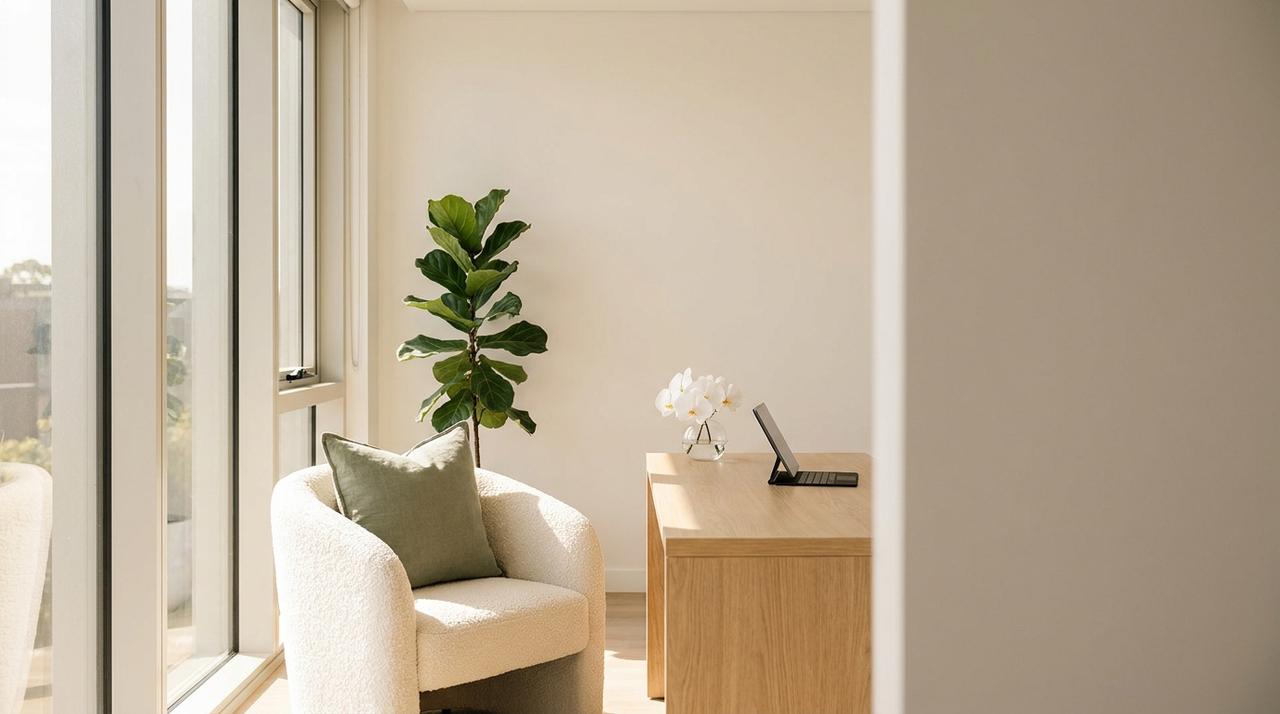 A bright plastic surgery consultation room with a cream armchair, an oak desk with a tablet, white orchids and a tall green plant by the window