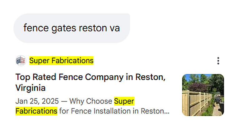 Google AI Mode answer for fence gates reston va citing a Super Fabrications page