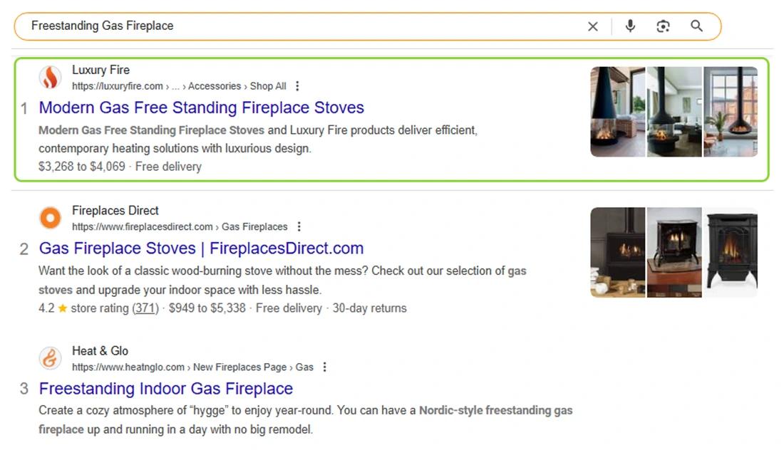 Google results showing Luxury Fire first for freestanding gas fireplace