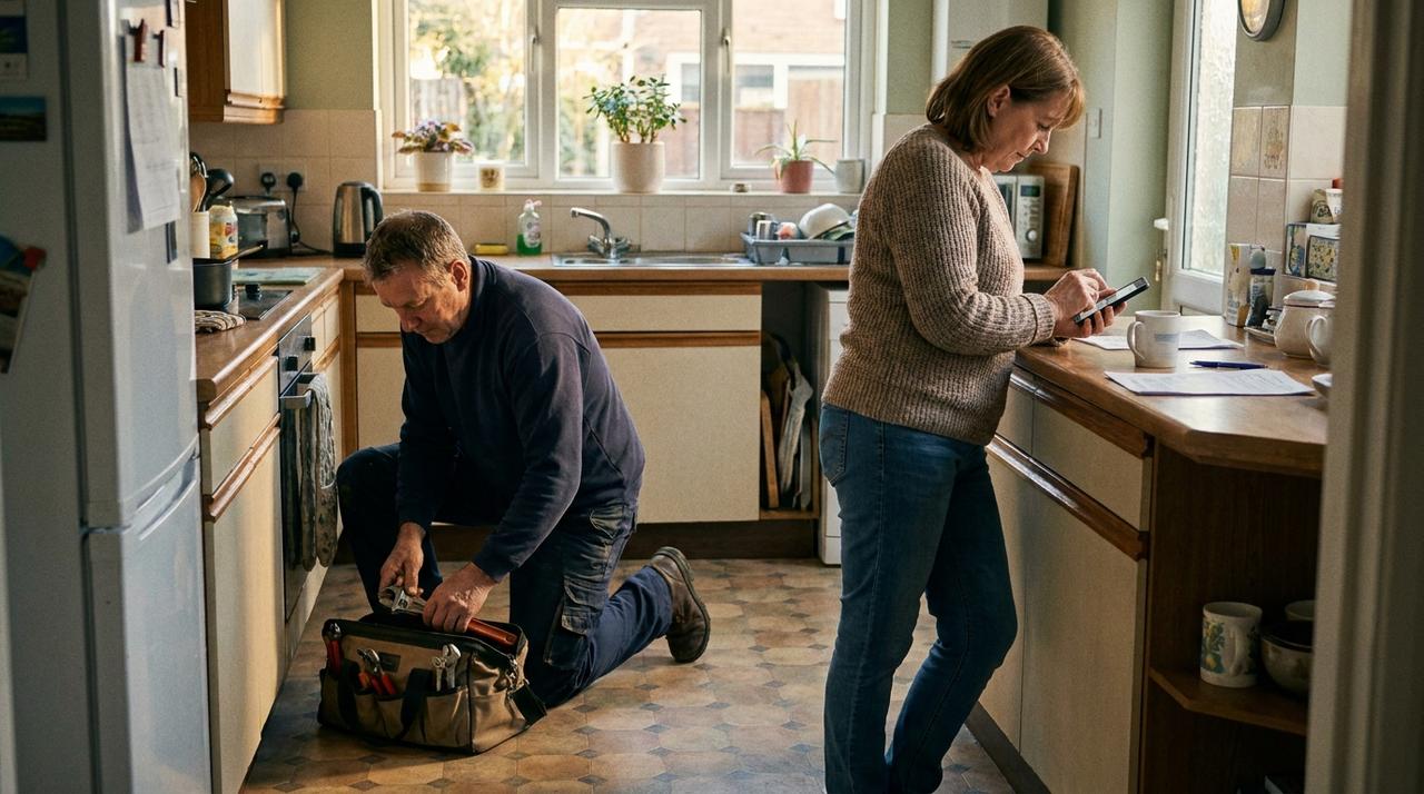 A plumber packing his tool bag on a kitchen floor after a repair while the homeowner checks her phone at the counter