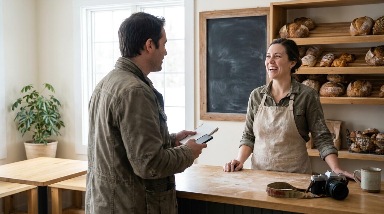 A local newspaper reporter with a notebook interviewing a smiling bakery owner behind her counter