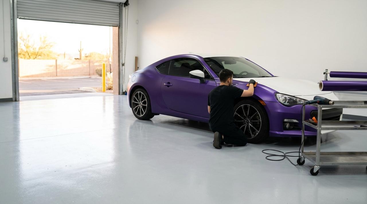 A wrap installer smoothing satin purple vinyl onto a white sports coupe in a bright wrap studio, the roll-up door open to the desert