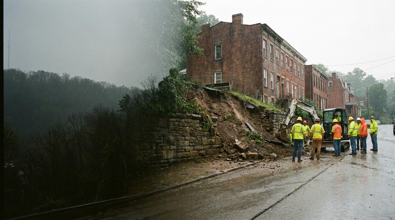 A repair crew and a small excavator shoring a collapsed stone retaining wall below a row of brick houses on a steep, rain-soaked Pittsburgh street
