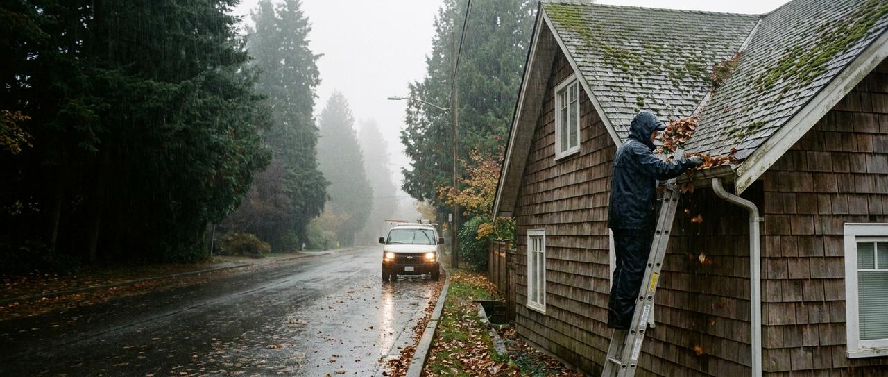 A technician on a ladder clearing leaves from an overflowing gutter on a cedar-shingle house in heavy Vancouver rain, with a service van parked on the street