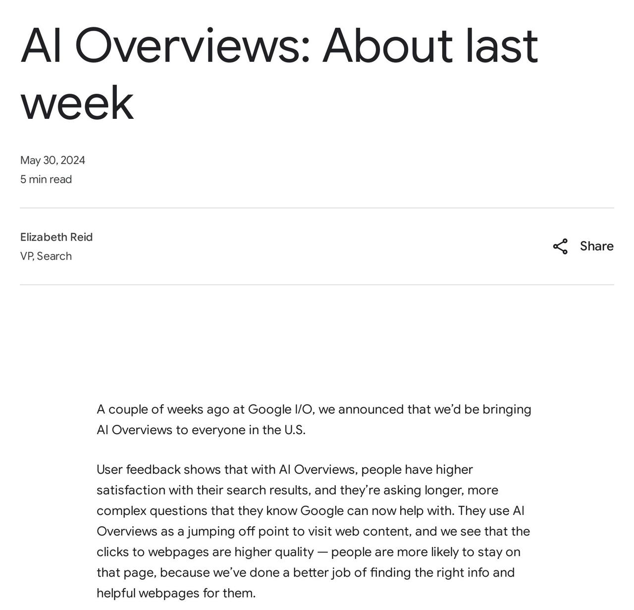 Google blog post titled AI Overviews: About last week, by Elizabeth Reid, VP Search, May 30, 2024