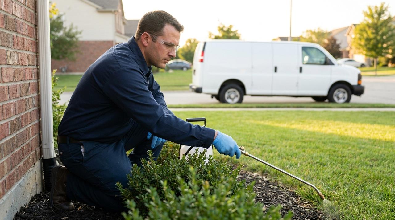 A pest control technician in a navy work shirt kneels by the brick foundation of a suburban house and sprays a perimeter treatment along the mulch bed, a white service van parked behind him