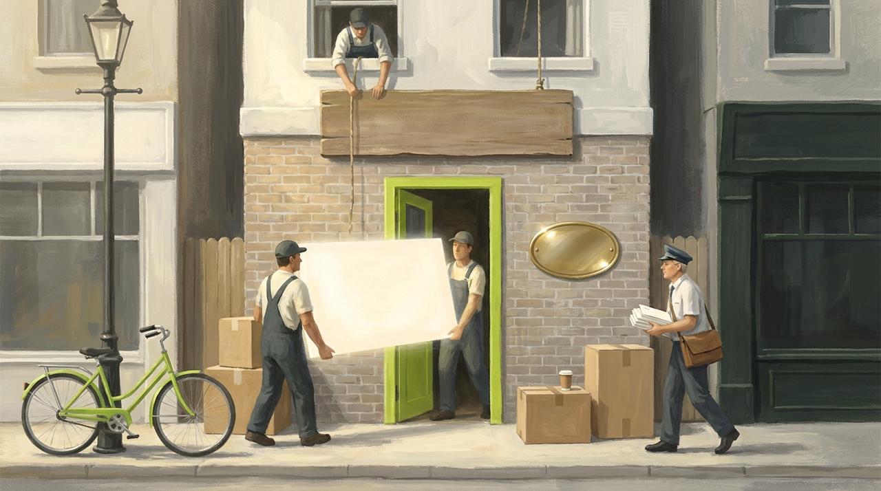Painted illustration of a small-town street at morning: two movers carry a new blank panel through a lime-green doorway while an old wooden sign is lowered from above, a brass plaque stays by the door, and a postman walks up with a bundle of letters.