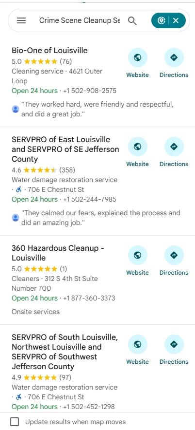 Google Maps results for Crime scene cleanup services in Louisville with 360 Hazardous Cleanup at number 3