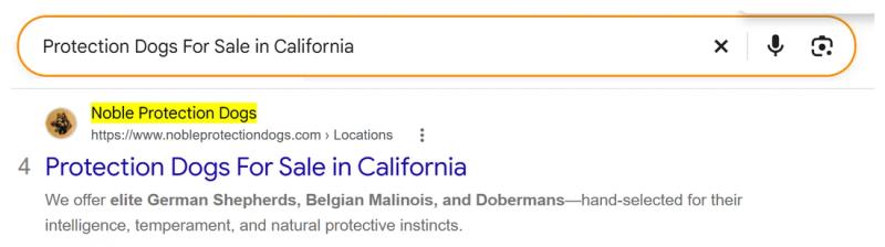Google result 4: Noble Protection Dogs for Protection dogs for sale in California