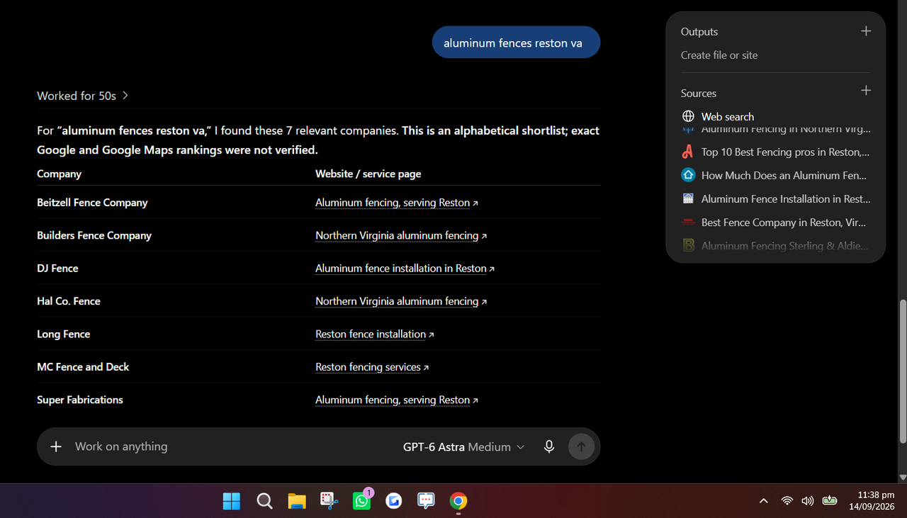 ChatGPT response listing fencing companies alphabetically with a web-search sources panel