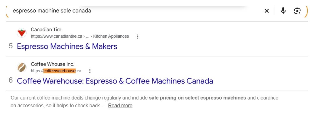 Google search for espresso machine sale canada with Coffee Warehouse at result 6