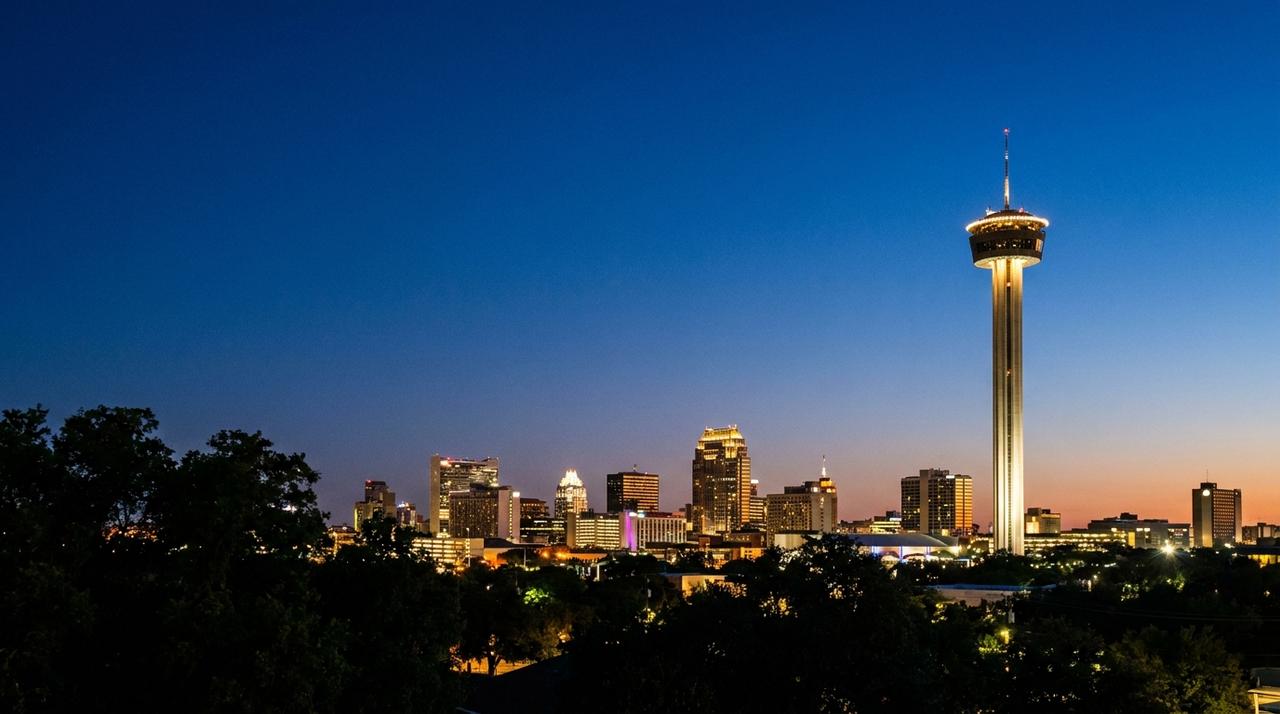 Downtown San Antonio skyline at blue hour with the Tower of the Americas