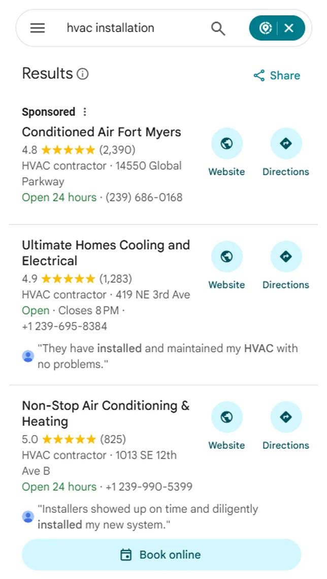 Google Maps results for HVAC installation with Non-Stop Air Conditioning & Heating at position 2