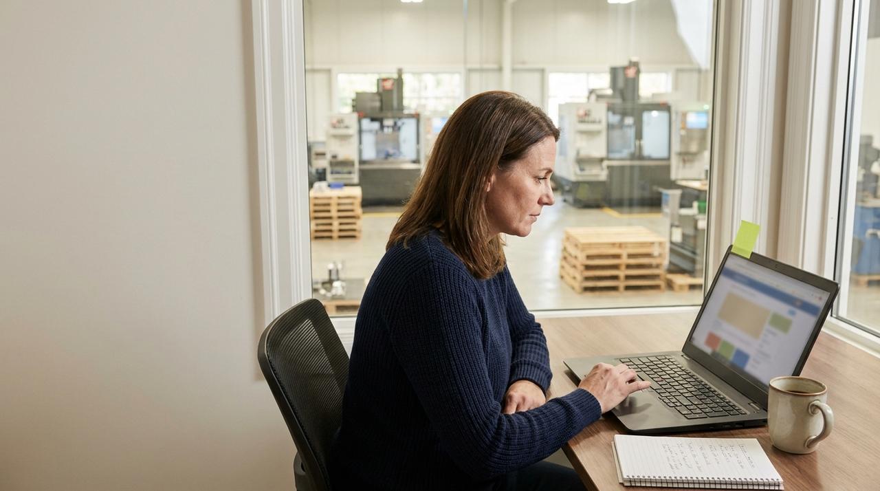 A procurement manager in a factory office researching suppliers on her laptop, the shop floor behind her
