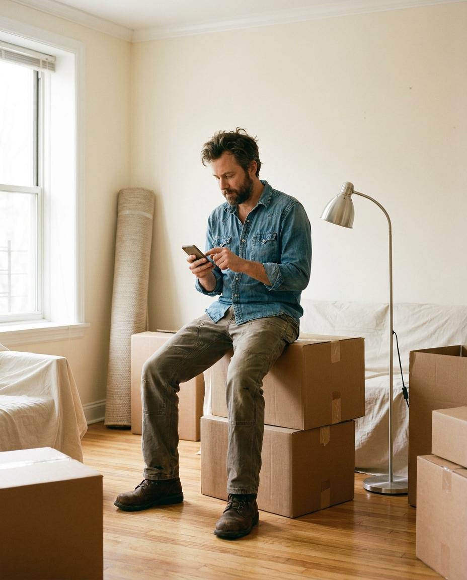 A man sits on a stack of moving boxes in a half-empty living room, looking something up on his phone