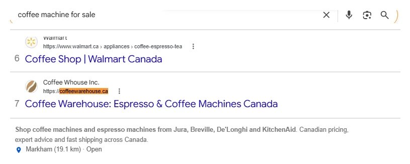Google search for coffee machine for sale with Coffee Warehouse at result 7