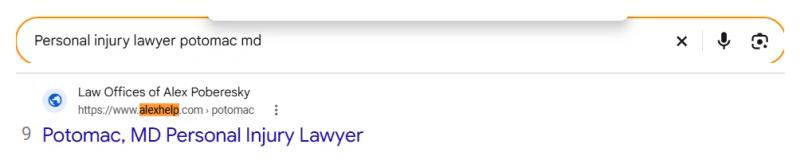 Google result 9: Law Offices of Alex Poberesky for Personal injury lawyer potomac md