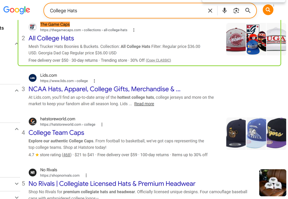 College Hats: The Game Caps at #2, above Lids