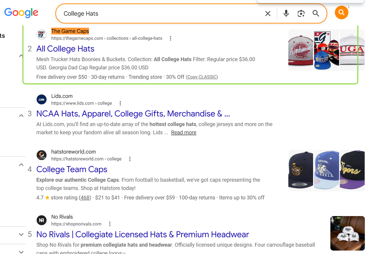 Google result showing The Game Caps above Lids for College Hats