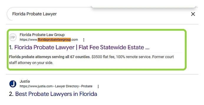Google results showing Florida Probate Law Group first for Florida probate lawyer