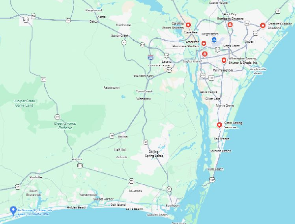 Google Maps view of the North Carolina coast with the search point pinned at Ocean Isle Beach and American Hurricane Shutters in Wilmington, about 52 miles apart