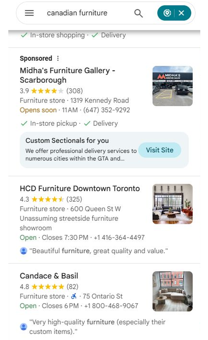 Google Maps list for canadian furniture with Candace and Basil listed after HCD Furniture and one sponsored store