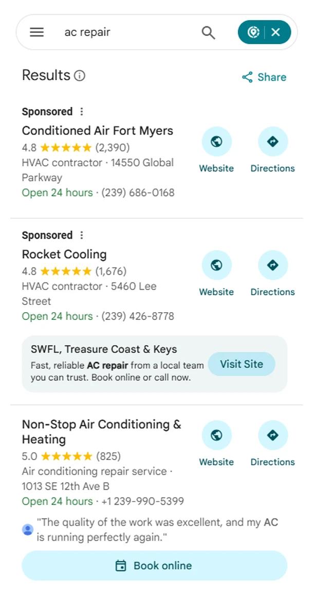 Google Maps search for ac repair with Non-Stop Air Conditioning and Heating first below two sponsored listings