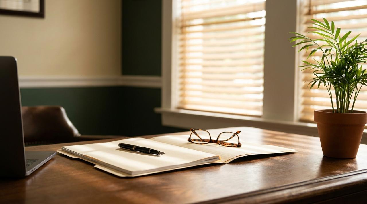 A probate attorney&rsquo;s desk in a sunlit Florida law office with an open estate file, a fountain pen and reading glasses