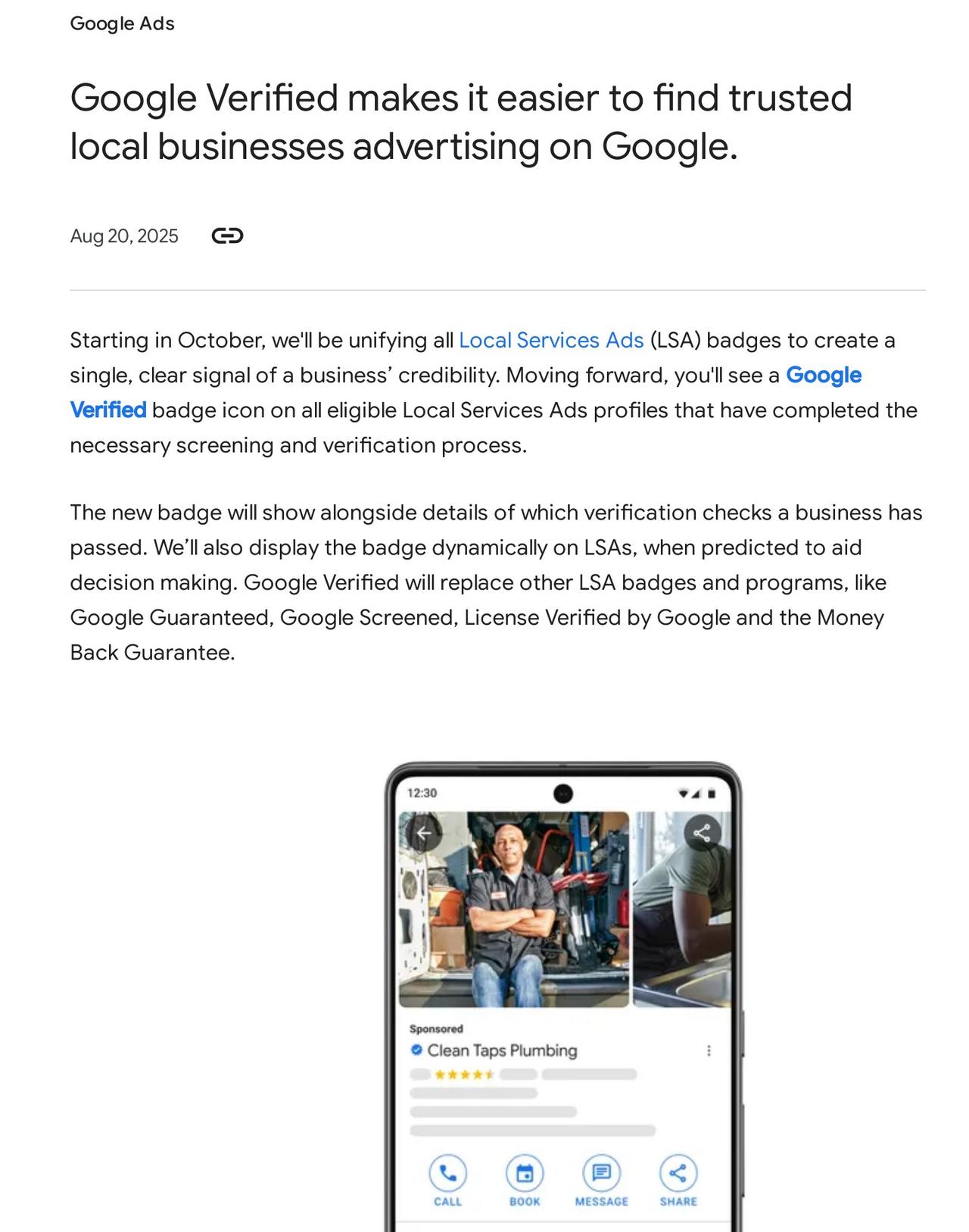 Google blog post from August 20, 2025 announcing that Google Verified will replace Google Guaranteed and other Local Services Ads badges, with a phone showing a sponsored plumbing listing