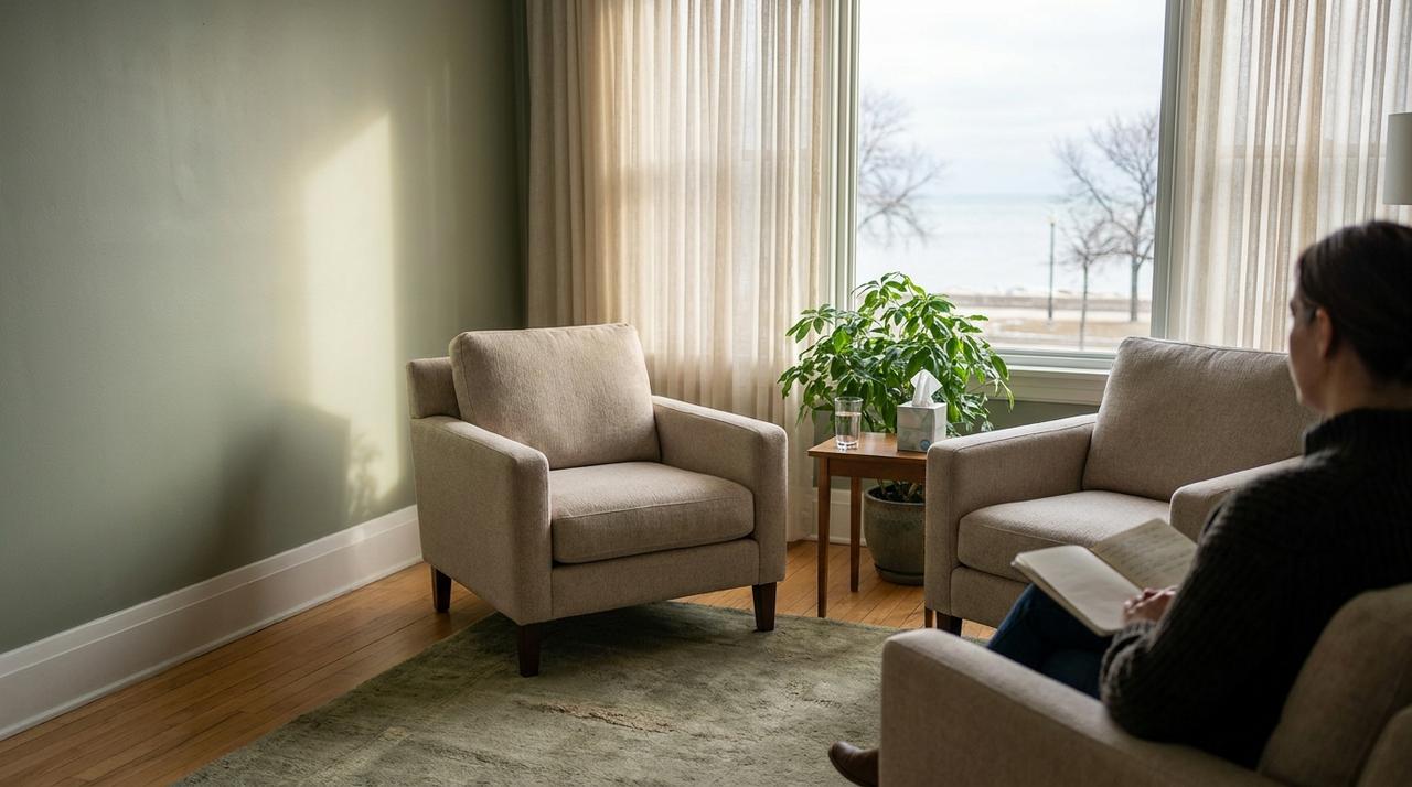 A quiet therapy room with two armchairs, a plant and a window looking out at the Lake Michigan shoreline in winter