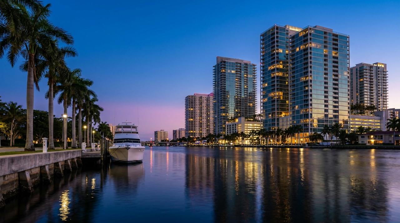 Downtown Fort Lauderdale skyline at blue hour across the New River, with a yacht at the Riverwalk seawall and royal palms
