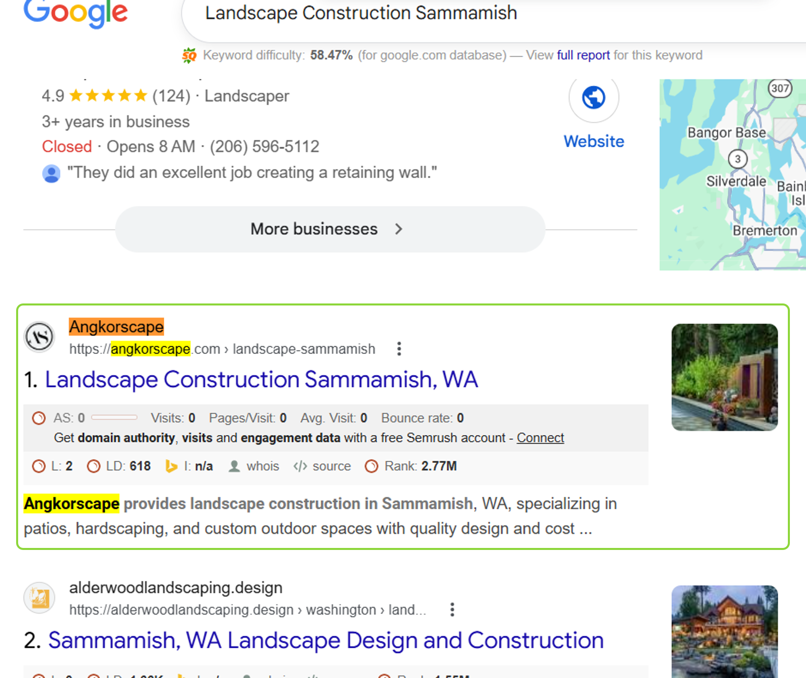 Google result number 1 for Landscape Construction Sammamish: the Angkorscape website