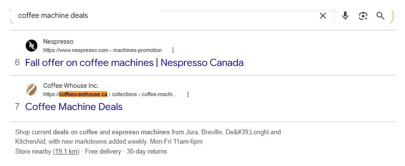 Google search for coffee machine deals with Coffee Warehouse at result 7