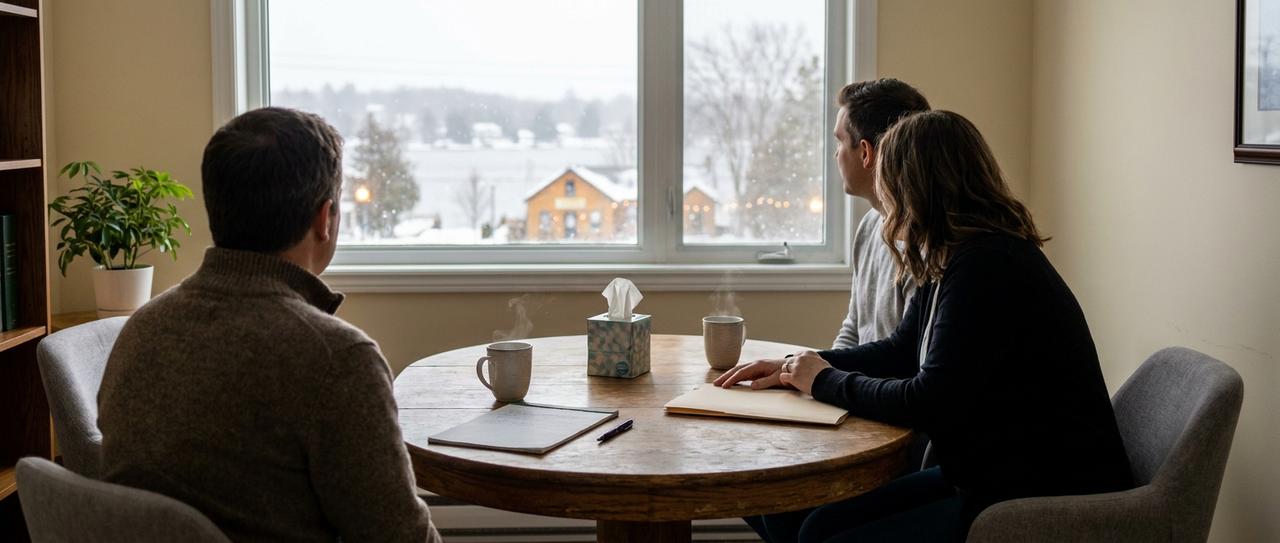 A family law consultation in a quiet Ontario law office in winter: a lawyer seen from behind talks with a couple at a round oak table, snow falling over the lake outside