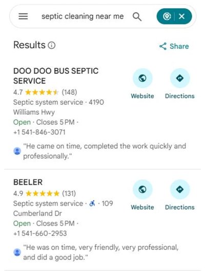 Google Maps results for septic cleaning near me with BEELER second
